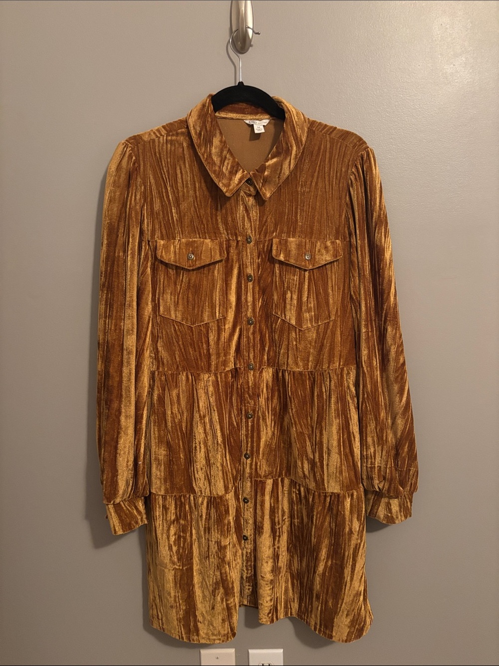Cato Gold Velvet Button-Front Tiered Long Sleeve Dress
